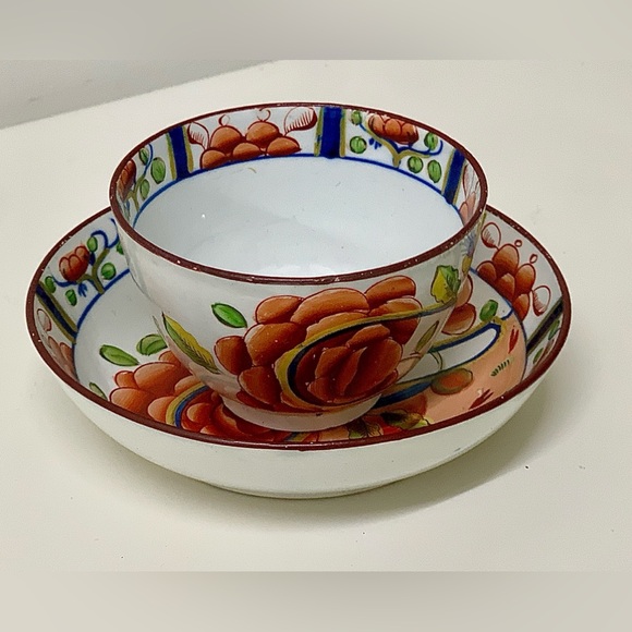 19th Century Antique Gaudy Dutch Oyster Pattern Handleless Teacup & Saucer Set - Picture 11 of 12